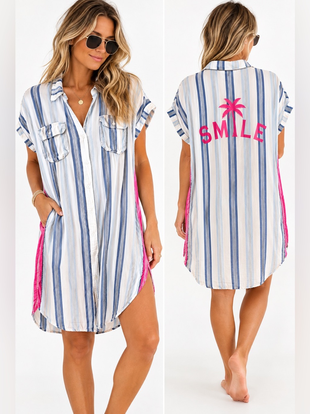 P.J. Salvage Blue White Striped Shirt Dress Kimono CoverUp Pink Palm Smile Small